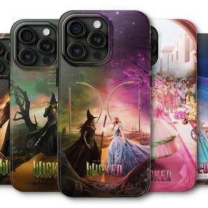 May include: A set of phone cases with designs inspired by the musical "Wicked." The cases showcase characters and scenes, using a colour scheme of greens, purples, and pinks. The word "Wicked" is displayed on some of the cases.