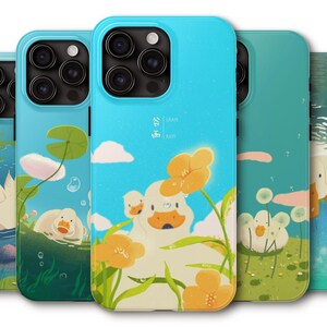 May include: Five phone cases with duck-themed illustrations. The cases feature ducks in a pond, with flowers, and text. The cases have a glossy finish and are in shades of blue, green, and yellow. The cases are designed for a smartphone.