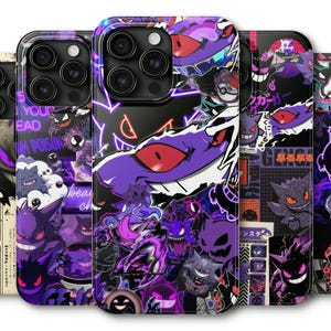 May include: A collection of phone cases featuring a collage of purple and black cartoon characters with red eyes. The cases have a glossy finish and are designed for various phone models. The design includes Japanese text.