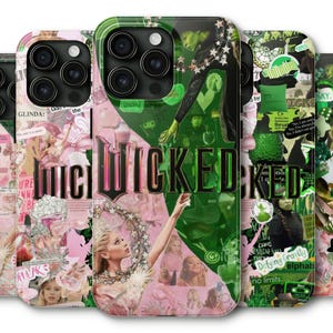 May include: Several phone cases with a collage design, featuring imagery and text from the musical "Wicked". The colour scheme is pink, green, and black, with the word "WICKED" displayed prominently across the cases.