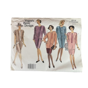 May include: Vogue's Basic Design sewing pattern envelope featuring illustrations of dresses. The dresses are in various colors, including pink, purple, and blue. The envelope also includes the pattern number 2619 and size information.