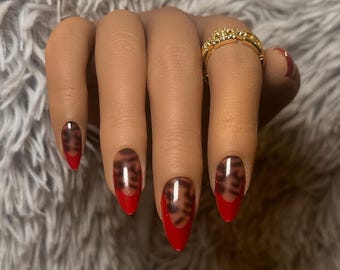 Leopard Print Press-On Nails | Red French Tips, Reusable Nail Kit | Thee Finish Touch
