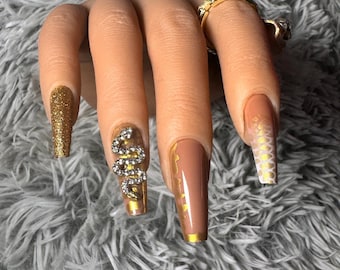 Luxe Golden Glitter Snake Long Coffin Shape Press-On Nails ~ w/ Reusable Luxury Nail Kit  | Thee Finish Touch