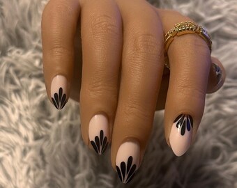 Nude & Black Petal Short Press-On Nails ~ w/ Reusable Luxury Nail Kit  | Thee Finish Touch