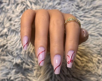 Red Ribbon Bow Coffin Medium Press-On Nails ~ w/ Reusable Luxury Nail Kit  | Thee Finish Touch