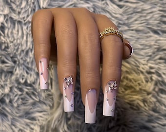 Luxe Rhinestone Press-On Nails | White French Tips, Long Square