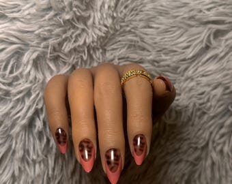 Leopard Print Press-On Nails | Pink French Tips, Reusable Nail Kit | Thee Finish Touch