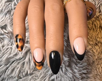 Cheetah & Black Short Almond Press-On Nails ~ w/ Reusable Luxury Nail Kit  | Thee Finish Touch
