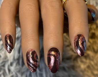 WIne Brown & Glitter Short Almond Press-On Nails ~ w/ Reusable Nail Kit  | Thee Finish Touch