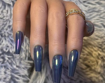 Olive Blue Chrome Long Press-On Nails ~ w/ Reusable Luxury Nail Kit  | Thee Finish Touch