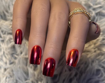 Red Chrome Mirror Short Press-On Nails ~ w/ Reusable Luxury Nail Kit  | Thee Finish Touch
