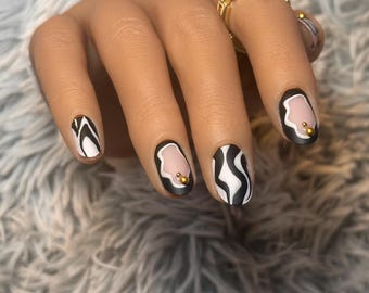 Black & White Abstract Short Almond Press-On Nails ~ w/ Reusable Luxury Nail Kit  | Thee Finish Touch
