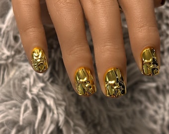 Vintage Gold Mirror Short Press-On Nails ~ w/ Reusable Luxury Nail Kit  | Thee Finish Touch