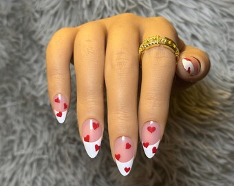 Red Heart French Tip Press-On Nails | Reusable Almond Nail Kit