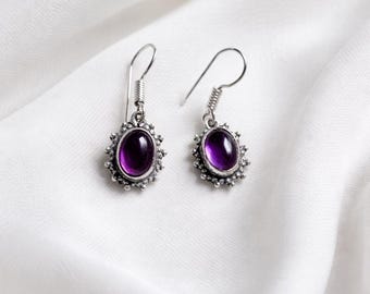 Amethyst Gemstone German Silver Earrings, Purple Oval Dangle Earrings, Vintage Boho Tribal Jewelry, Austrian Crystal Earrings, Gift for Her