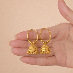 Indian 18k Gold Plated Beautiful Hoop Jhumka Jhumki Punjabi Medium Size Drop Traditional Earrings for Women Daily Wear, Occasion, Gift image 2