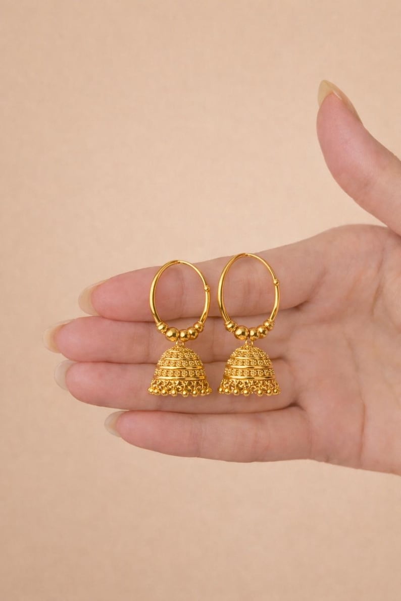 Indian 18k Gold Plated Beautiful Hoop Jhumka Jhumki Punjabi Medium Size Drop Traditional Earrings for Women Daily Wear, Occasion, Gift image 2