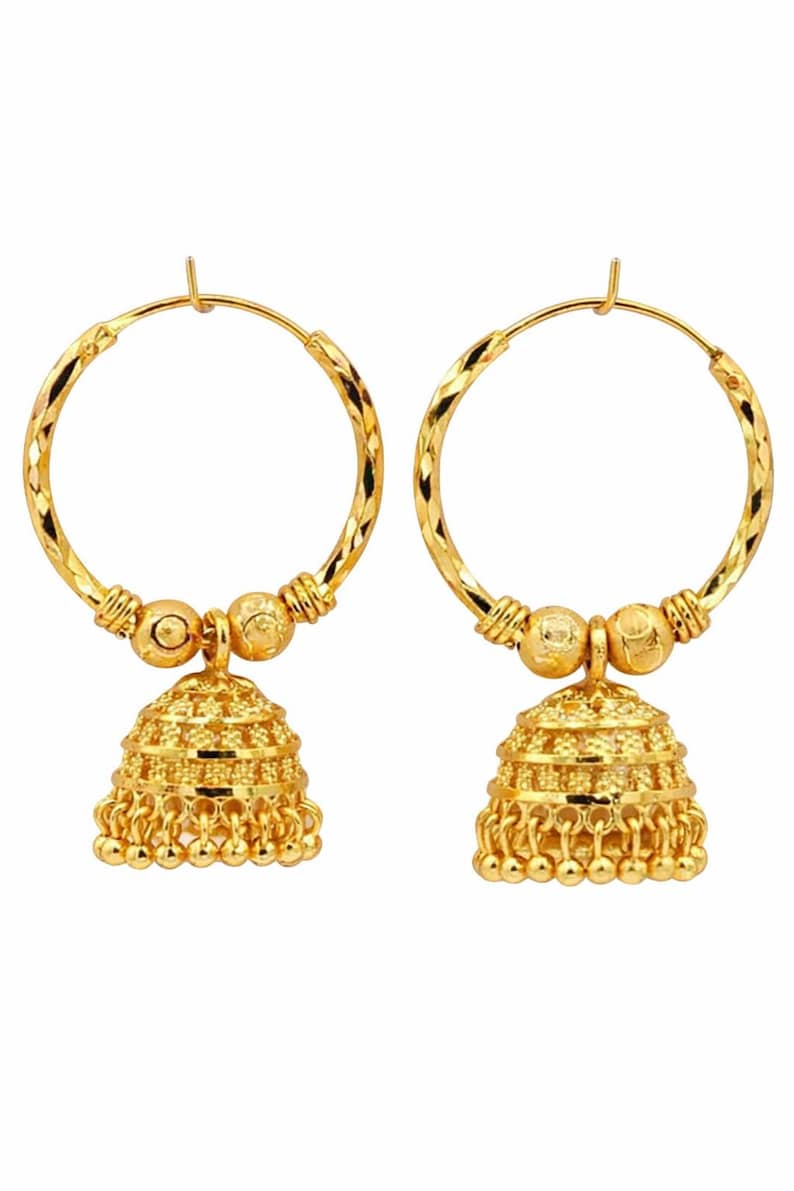 Indian 18k Gold Plated Beautiful Hoop Jhumka Jhumki Punjabi Medium Size Drop Traditional Earrings for Women Daily Wear, Occasion, Gift image 4