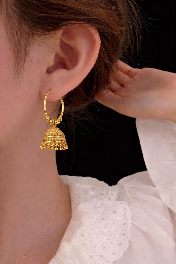 Indian 18k Gold Plated Beautiful Hoop Jhumka Jhumki Punjabi Medium Size Drop Traditional Earrings for Women Daily Wear, Occasion, Gift