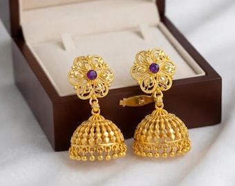 Gold Tiny Jhumka Earrings • 20k Gold Plated • Cubic Zirconia Stone • Hoops Earrings • Indian Style Earrings • Gold Earring • Micro Jhumka