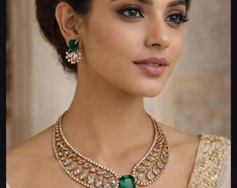 Conjunto de collar gargantilla de cristal de esmeralda india - Joyería nupcial dorada con esmalte Mehndi con pendientes a juego, regalo para ella,