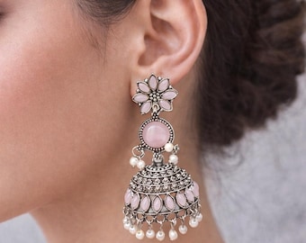 Oxidized Silver Jhumka Earrings, with Pink Cubic zirconia Crystal, Traditional Indian Pakistani Jewelry Statement Jewelry Daily Wear Jhumki