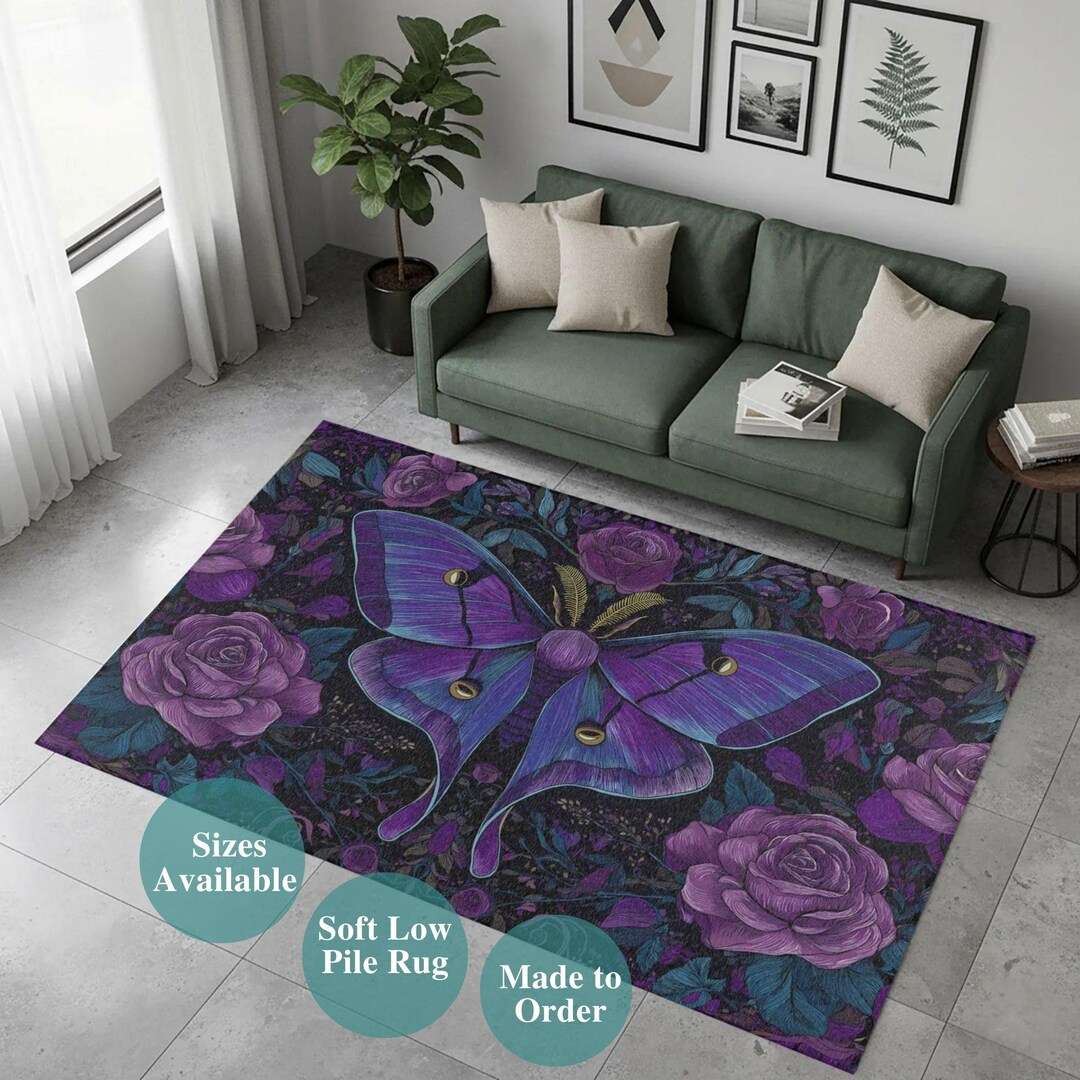 Gothic Moth Rug, Dark Floral Area Rug, Purple Botanical Decor, Moody ...