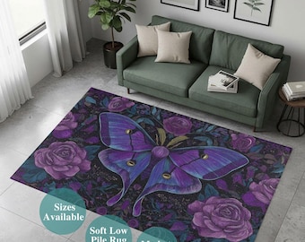 Gothic Moth Rug, Dark Floral Area Rug, Purple Botanical Decor, Moody Romantic Moth Floor Mat, Dark Floral Gothic Rug