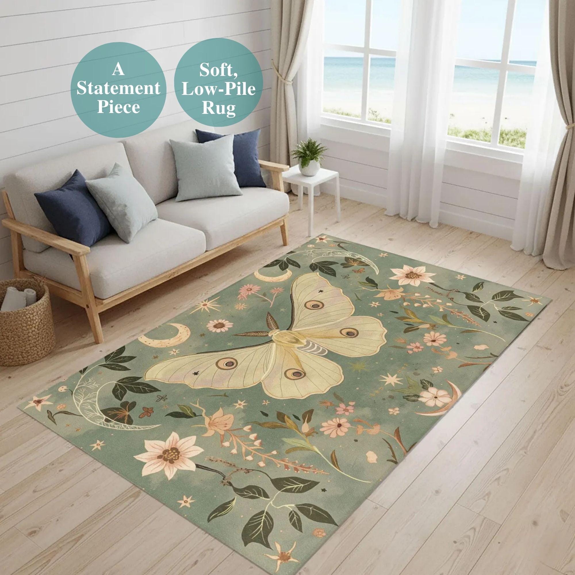 Moth Area Rug Vintage Luna Moth Rug, Botanical Floral Area Rug, Soft Sage Green Decor ...