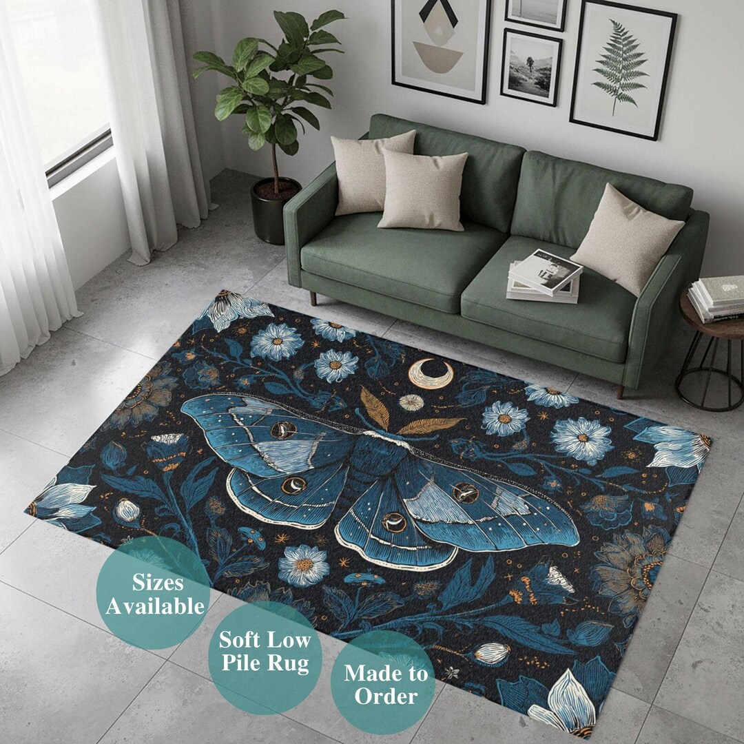 Large Moth Rug Blue Moth Rug, Dark Floral Area Rug, Night Garden Nature Decor, Moody ...