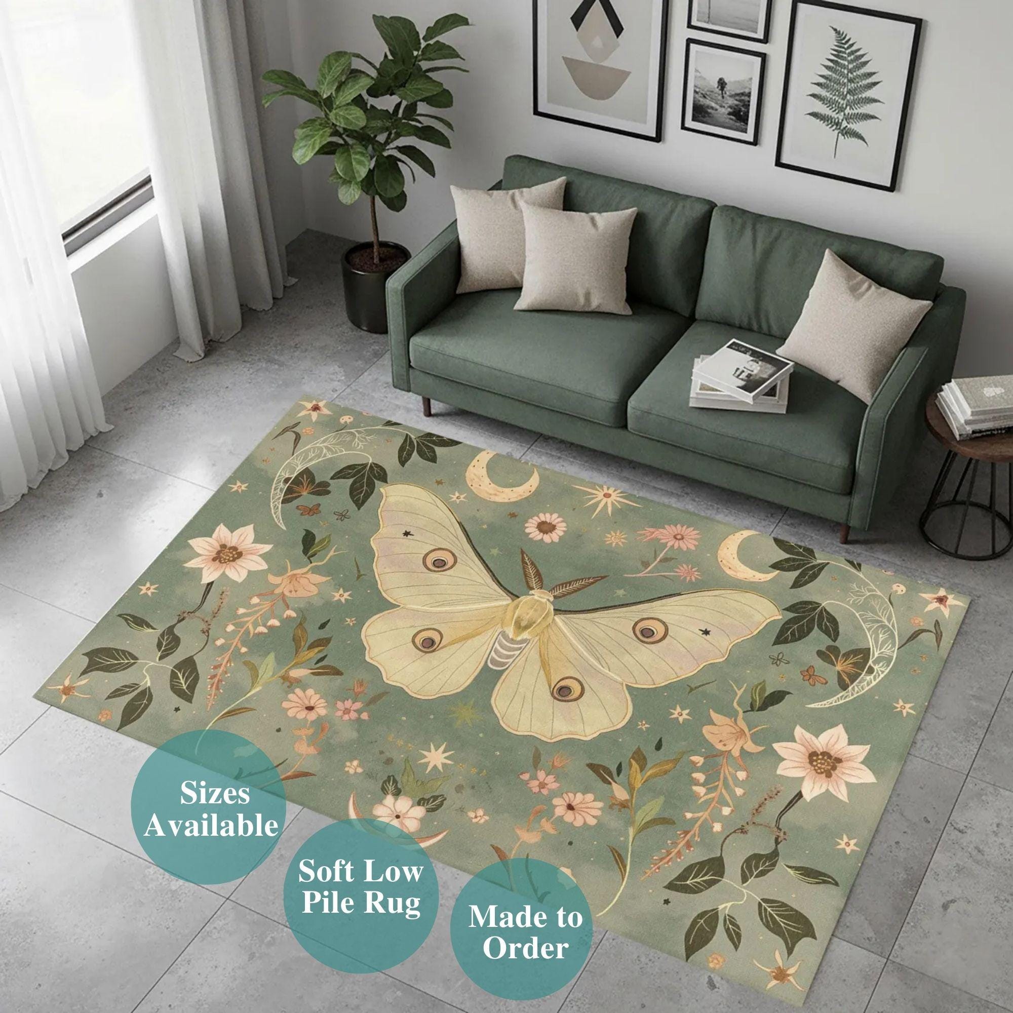 Moth Pattern Rug Vintage Luna Moth Rug, Botanical Floral Area Rug, Soft Sage Green Decor ...
