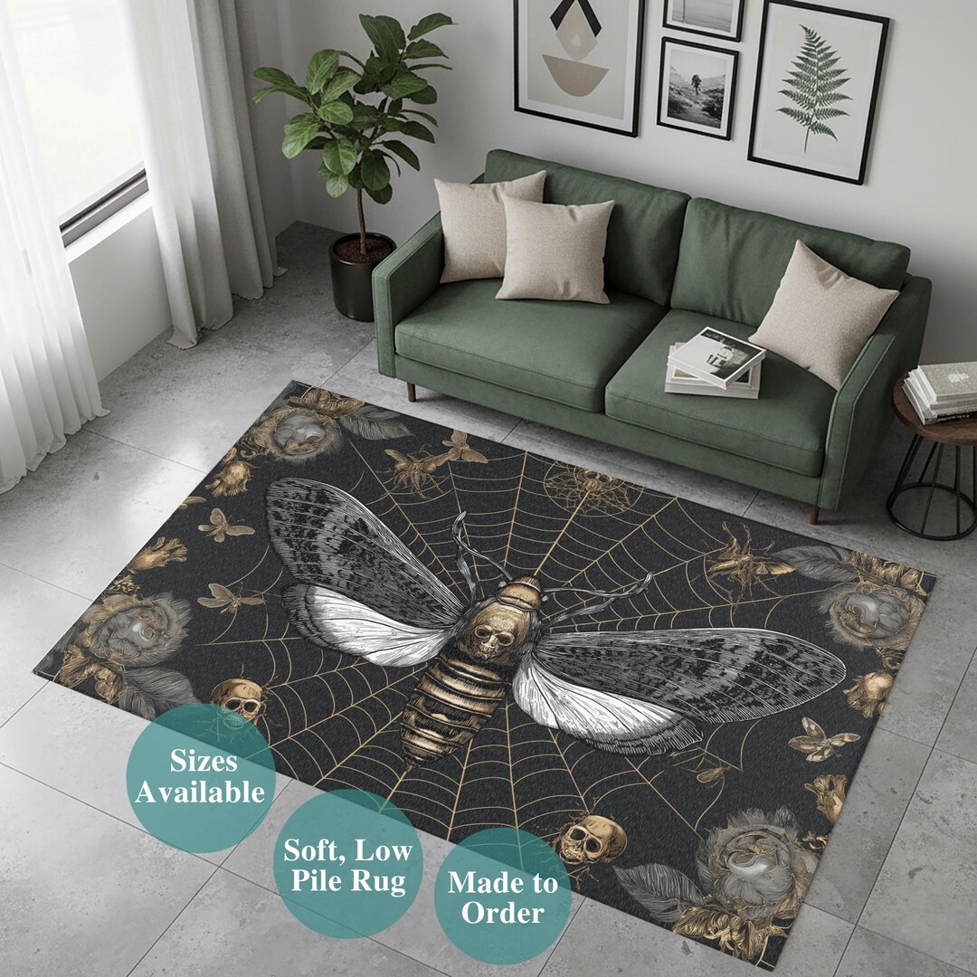 Modern Black Insect Rug Gothic Skull Moth Area Rug - Dark Victorian Insect Rug, Macabre ...