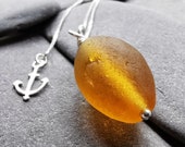 Scottish large amber sea glass bead, minimalist silver necklace