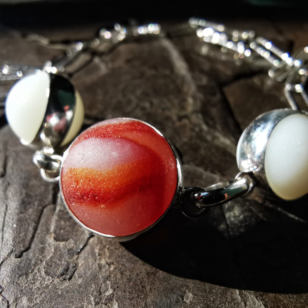Genuine Scottish Red and White Sea Glass Marbles Trio, Sterling Silver