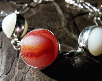 Genuine Scottish red and white sea glass marbles trio, sterling silver necklace