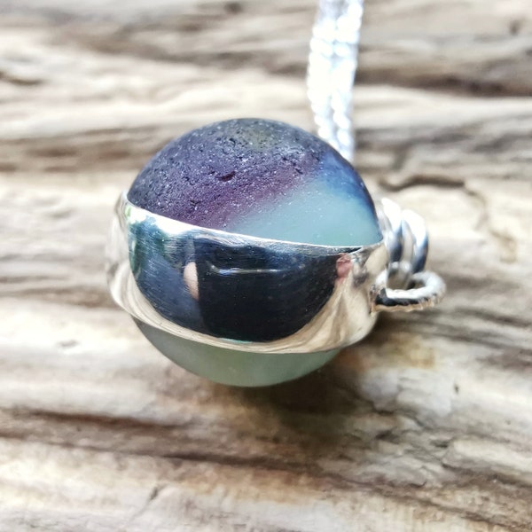 Genuine Scottish purple and mint green sea glass marble pendant, sterling silver necklace