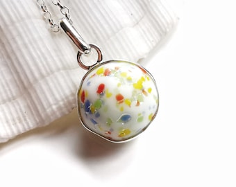 Rainbow confetti sea glass marble & sterling silver pendant.