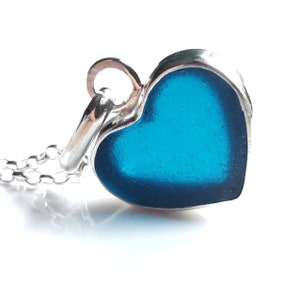 Scottish teal blue sea glass heart & sterling silver pendant.