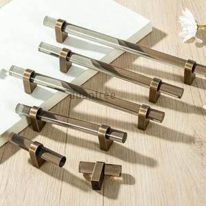 Gray /Clear Acrylic Drawer Pulls, Gold Brass / Antique Bronze Kitchen Handles, Modern Cabinet Hardware