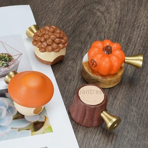 Könnte beinhalten: Vier dekorative Schrankknöpfe mit von der Natur inspirierten Designs. Die Knöpfe umfassen einen Pilz, eine Eichel, einen Kürbis und einen Baumstumpf, jeweils mit einem Messinggriff. Der Pilz und der Kürbis sind orange, die Eichel ist braun und der Baumstumpf ist braun.