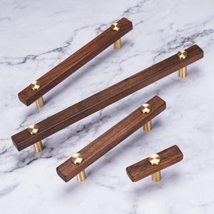 Walnut & Brass Cabinet Pulls, Modern Wooden Drawer Handles, Kitchen Cabinet Hardware, Minimalist Pull