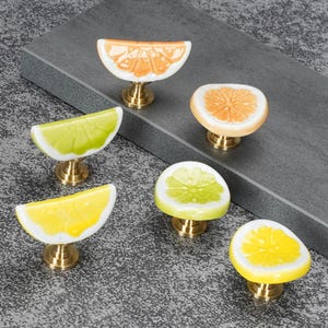 Lemon Cabinet Knobs | Ceramic Fruit Drawer Pulls with Brass Base, Cute Dresser Knobs