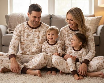 Pijamas familiares com estampa de padaria, roupas de dormir de algodão combinando.