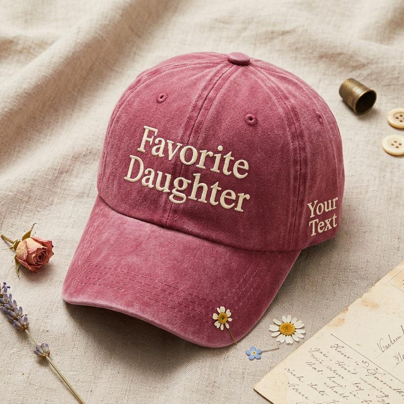May include: A maroon baseball cap with the embroidered text "Favorite Daughter" in white. The cap also features the text "Your Text" and is decorated with small flowers. A thimble and buttons are in the background.