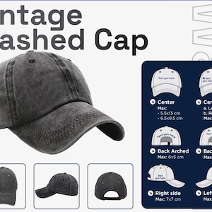 May include: A charcoal gray vintage washed cap with a curved brim. The cap features the text "Vintage Washed Cap". Additional images show the cap from different angles and dimensions in inches and centimeters.