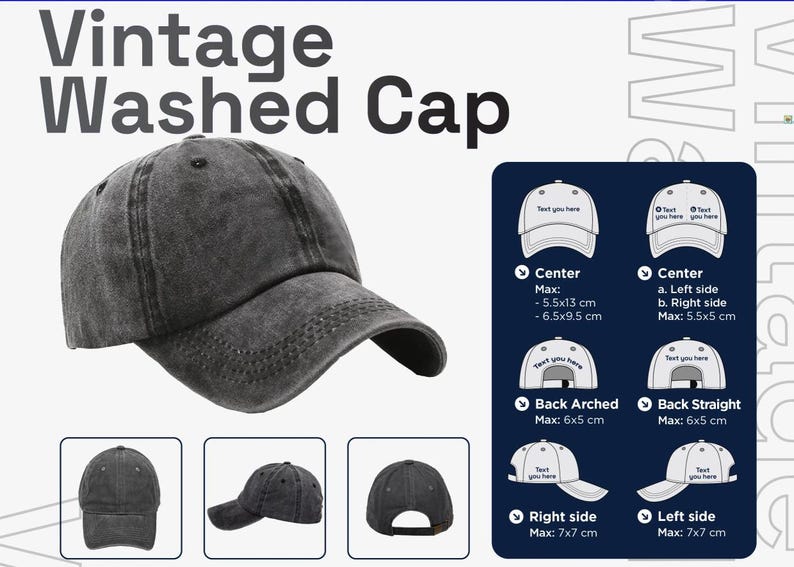 May include: A charcoal gray vintage washed cap with a curved brim. The cap features the text "Vintage Washed Cap". Additional images show the cap from different angles and dimensions in inches and centimeters.