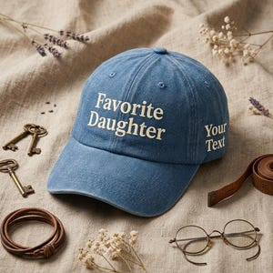 May include: A blue denim baseball cap with the words "Favorite Daughter" embroidered on the front. The cap also has the words "Your Text" on the side. The image includes keys, a leather bracelet, glasses, and a measuring tape.