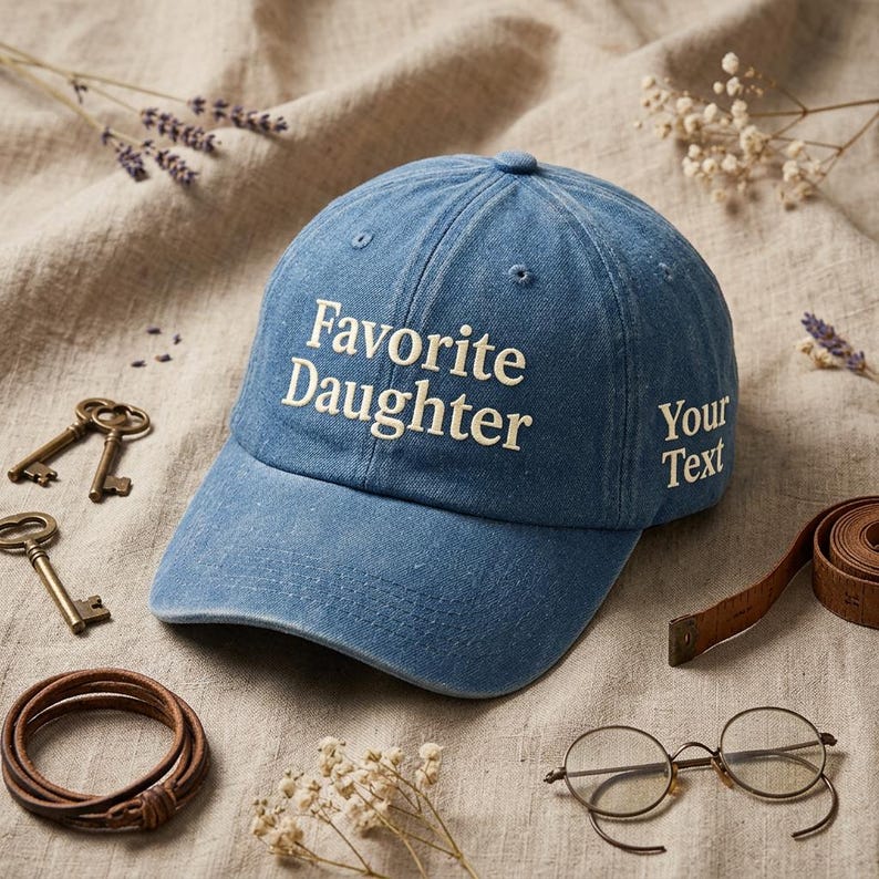 May include: A blue denim baseball cap with the words "Favorite Daughter" embroidered on the front. The cap also has the words "Your Text" on the side. The image includes keys, a leather bracelet, glasses, and a measuring tape.
