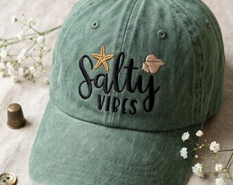 Salty Vibes Embroidered Cap, Coastal Beach Dad Hat, Retro Summer Ocean Baseball Cap