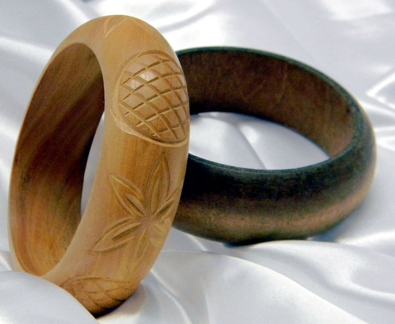 Vintage and Handmade Chunky Wooden Boho Bangles Blonde Carved Floral Pattern and Plain Dark Stained Wood Wild or Mild Woman Wear